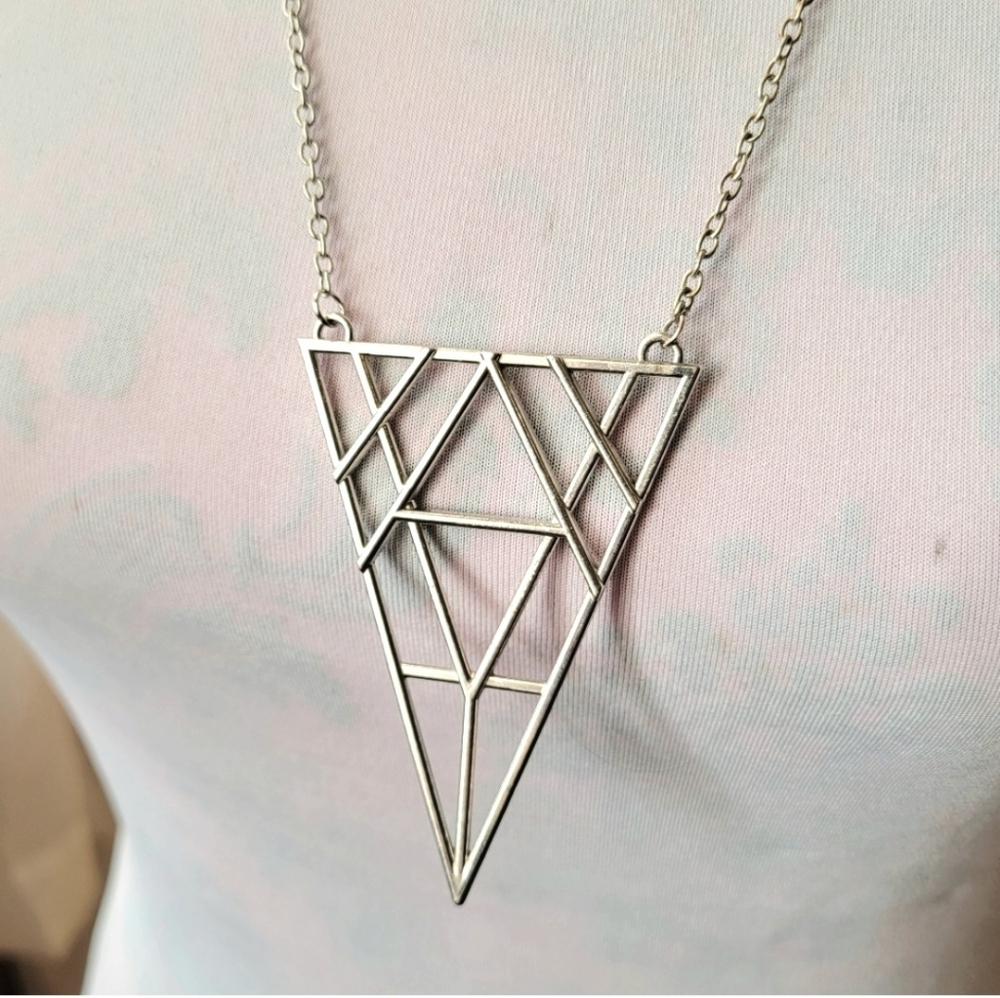 Geometric triangle necklace outline silver tone
